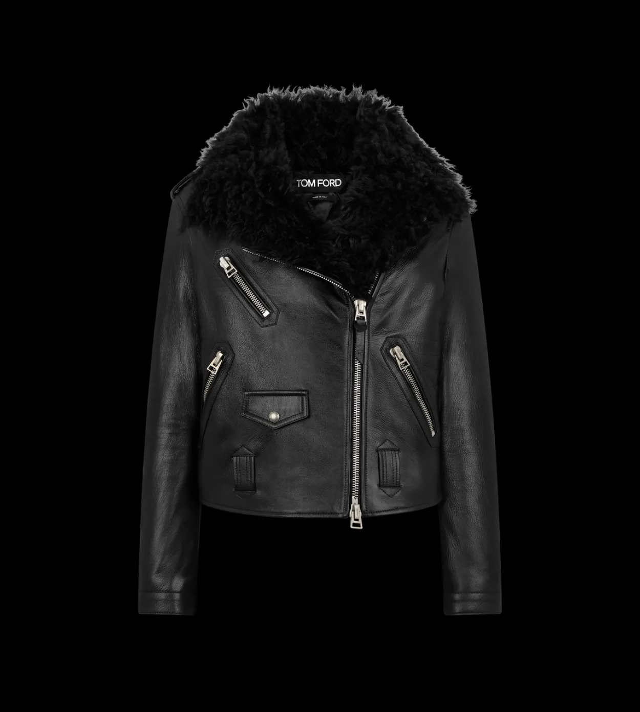ASYMMETRIC LEATHER BIKER JACKET WITH SHEARLING