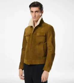 BRUSHED SUEDE SHEARLING COLLAR TRUCKER