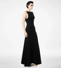 CASHMERE SILK LONG SLASH NECK DRESS WITH OPEN BACK