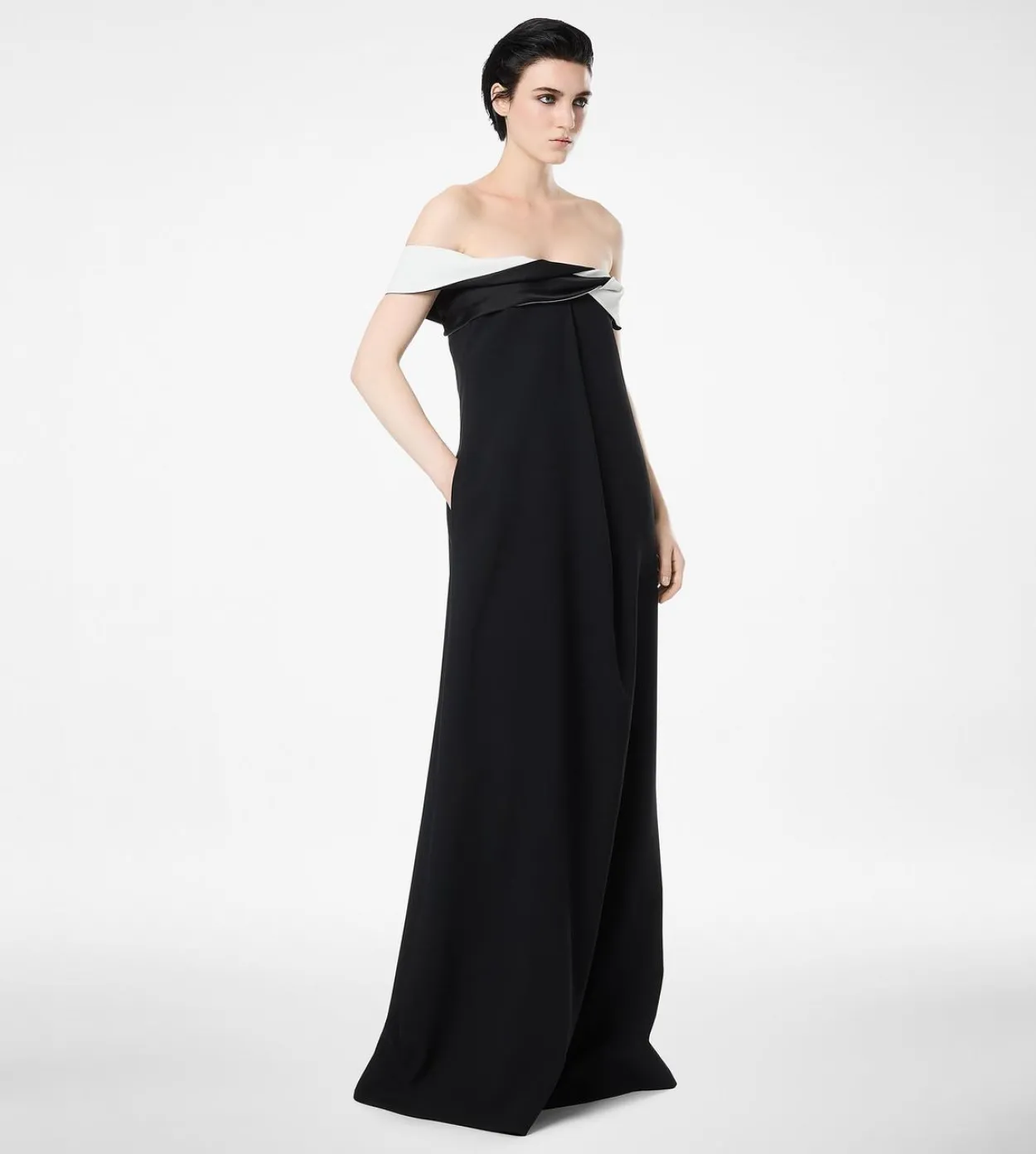 CREPE SATIN DRAPED ASYMMETRIC EVENING DRESS