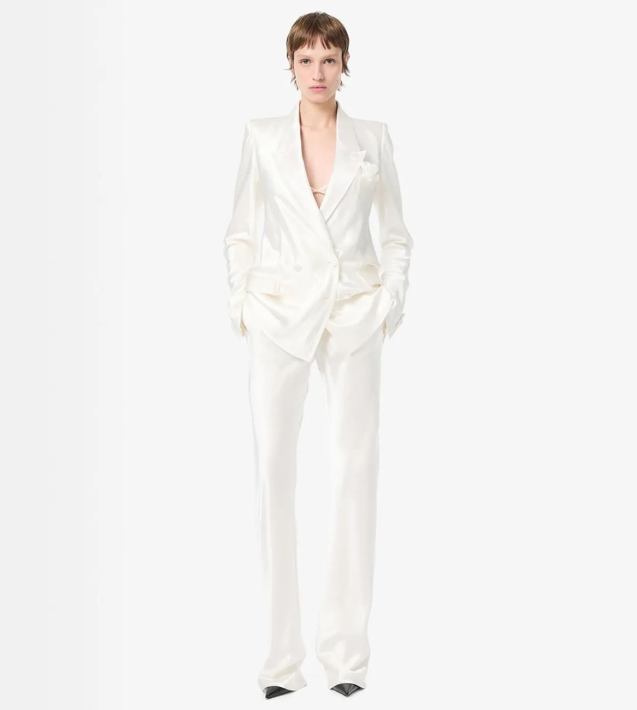 DOUBLE BREASTED PEAK LAPEL BIAS TINY POLKA DOT JACKET
