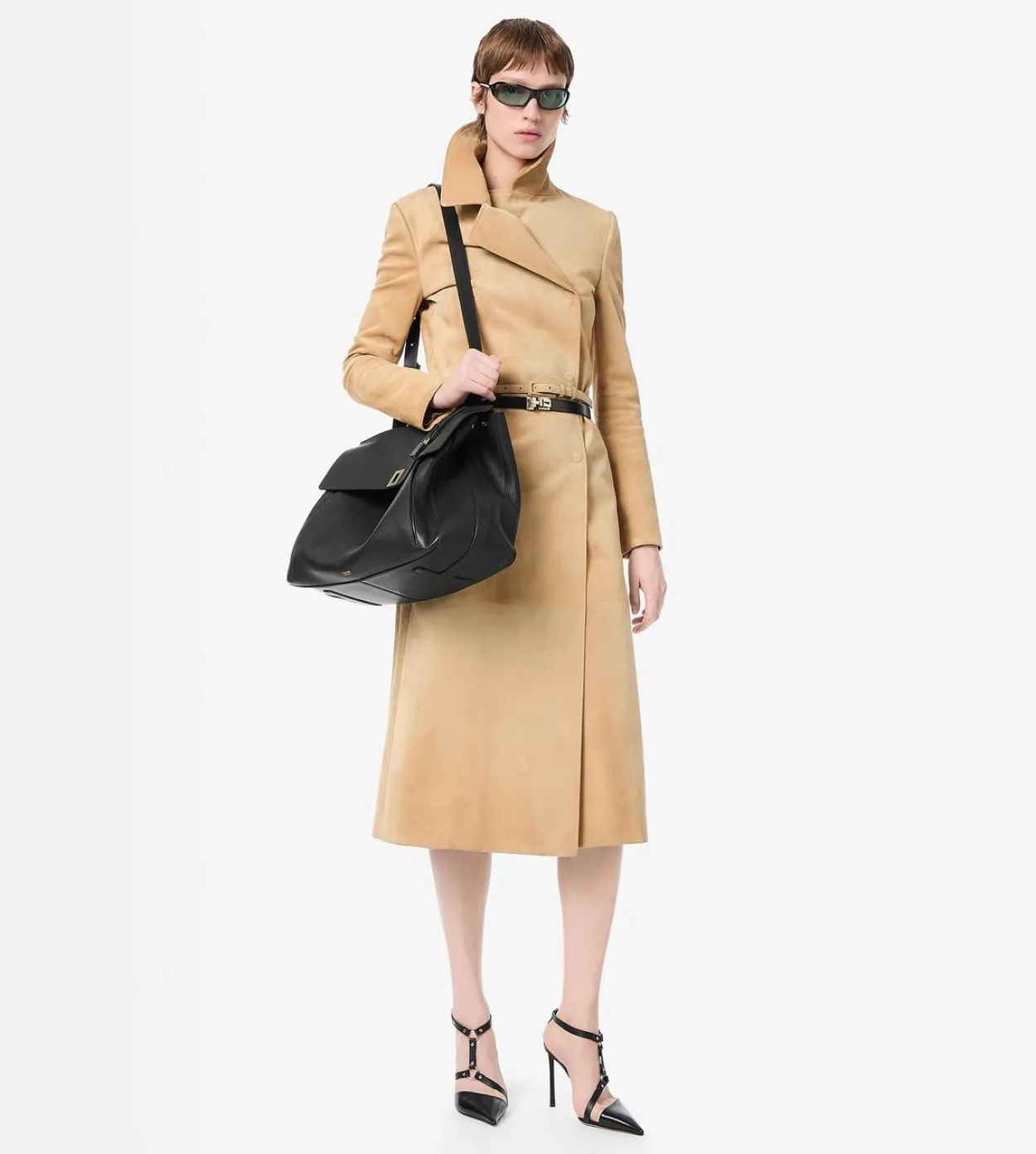 DOUBLE BREASTED SUEDE TRENCH COAT WITH SELF BELT