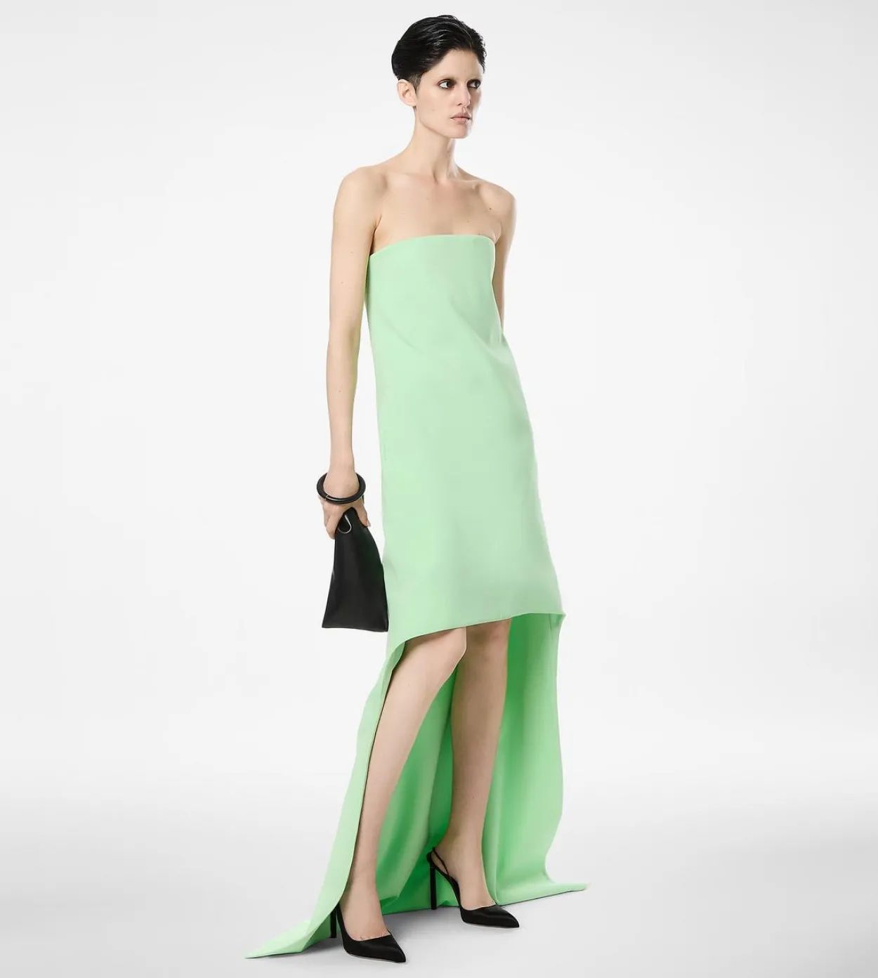DOUBLE GEORGETTE STRETCH SILK ASYMMETRIC STRAPLESS COCKTAIL DRESS
