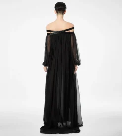 EMBROIDERED SILK CHIFFON OFF THE SHOULDER EVENING DRESS