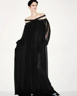 EMBROIDERED SILK CHIFFON OFF THE SHOULDER EVENING DRESS