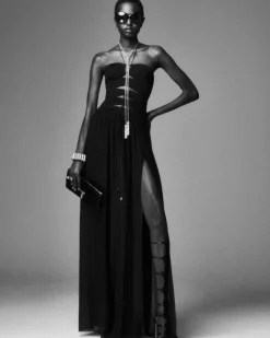 EVENING DRESS WITH DRAWSTRINGS AND CUT OUT DETAILS