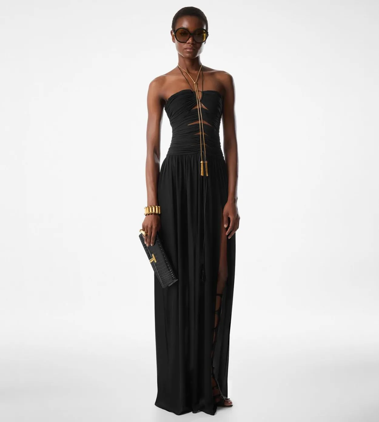 EVENING DRESS WITH DRAWSTRINGS AND CUT OUT DETAILS