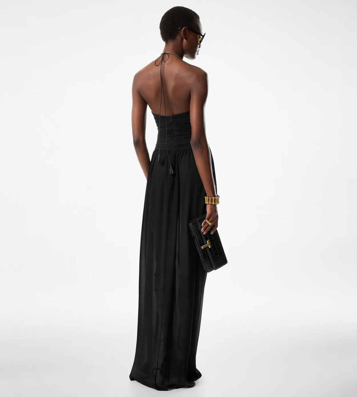 EVENING DRESS WITH DRAWSTRINGS AND CUT OUT DETAILS
