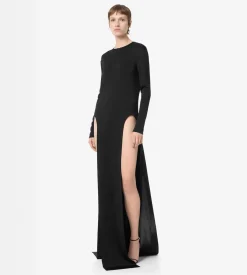 FINE KNIT CREWNECK EVENING DRESS WITH HIGH LEG SIDE SLASHES