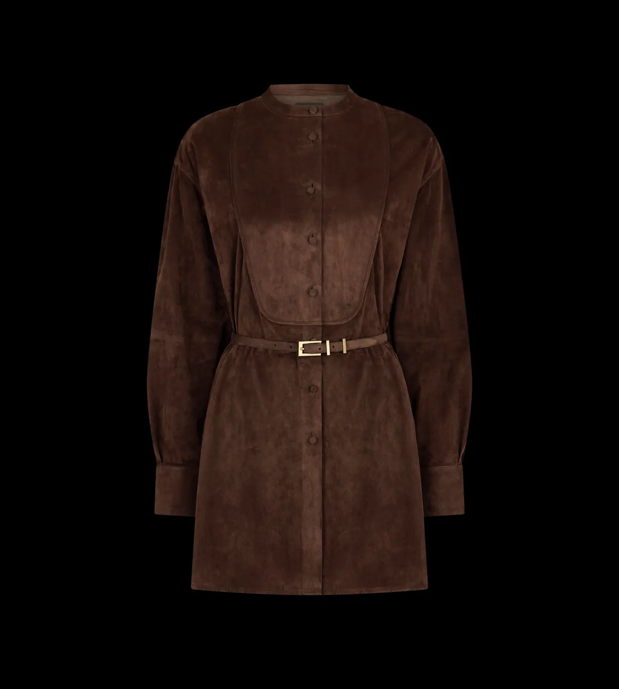FULL GRAIN LAMB SUEDE BELTED PLASTRON MINI SHIRT DRESS