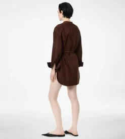 FULL GRAIN LAMB SUEDE BELTED PLASTRON MINI SHIRT DRESS