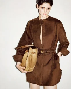 FULL GRAIN LAMB SUEDE BELTED PLASTRON MINI SHIRT DRESS