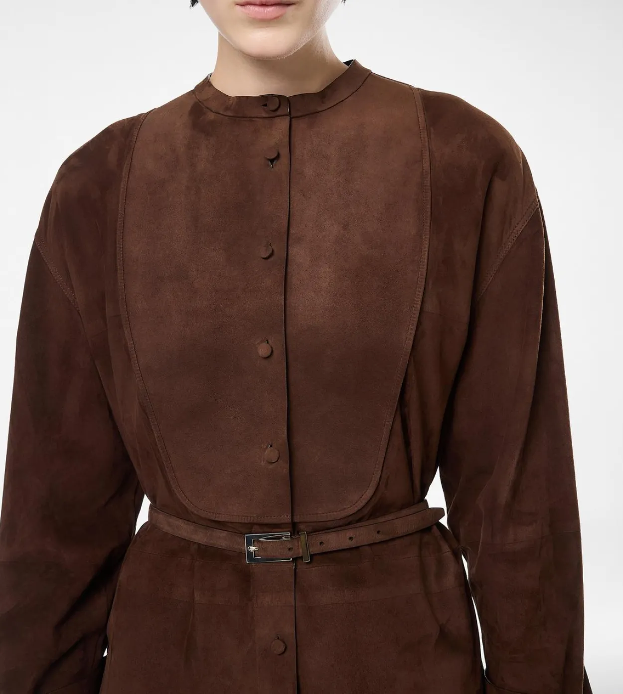 FULL GRAIN LAMB SUEDE BELTED PLASTRON MINI SHIRT DRESS