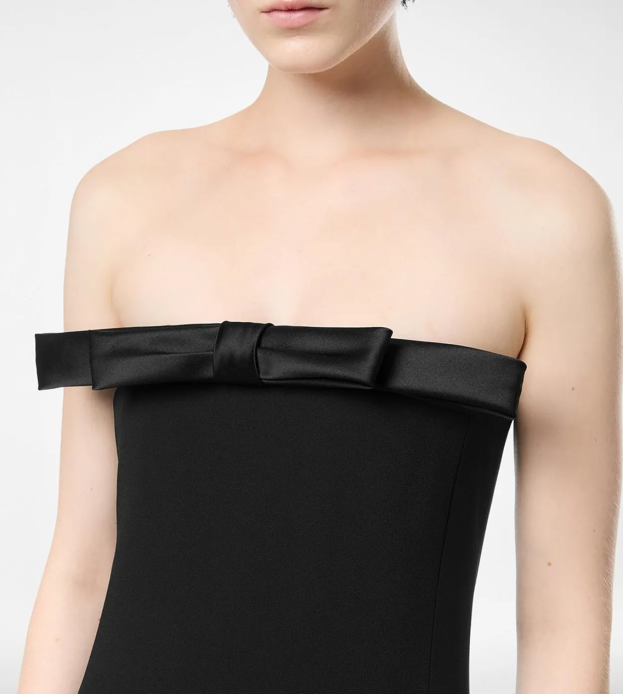 HEAVY CREPE ENVERS SATIN STRAPLESS COCKTAIL DRESS WITH BOW DETAIL