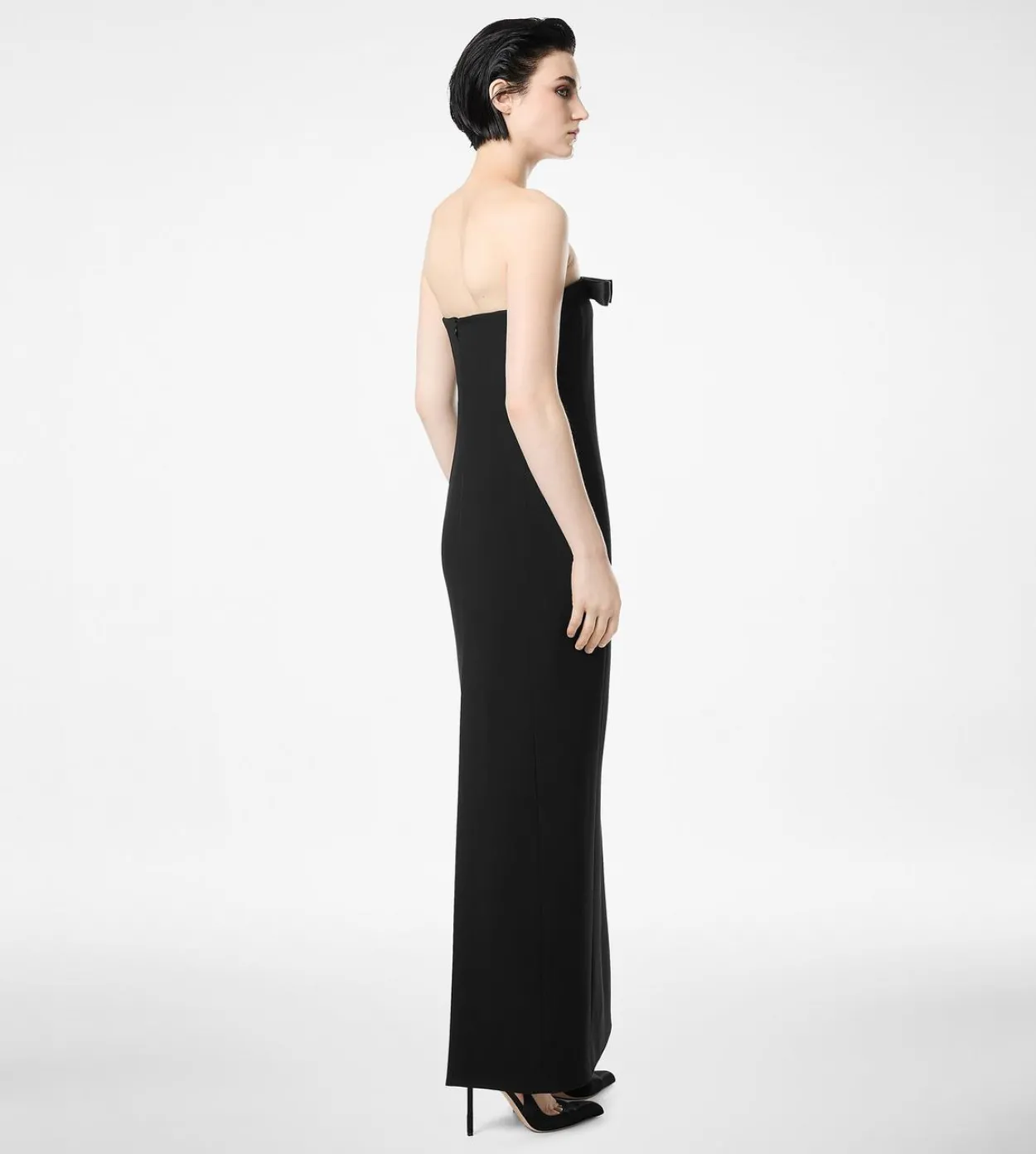 HEAVY CREPE ENVERS SATIN STRAPLESS COCKTAIL DRESS WITH BOW DETAIL
