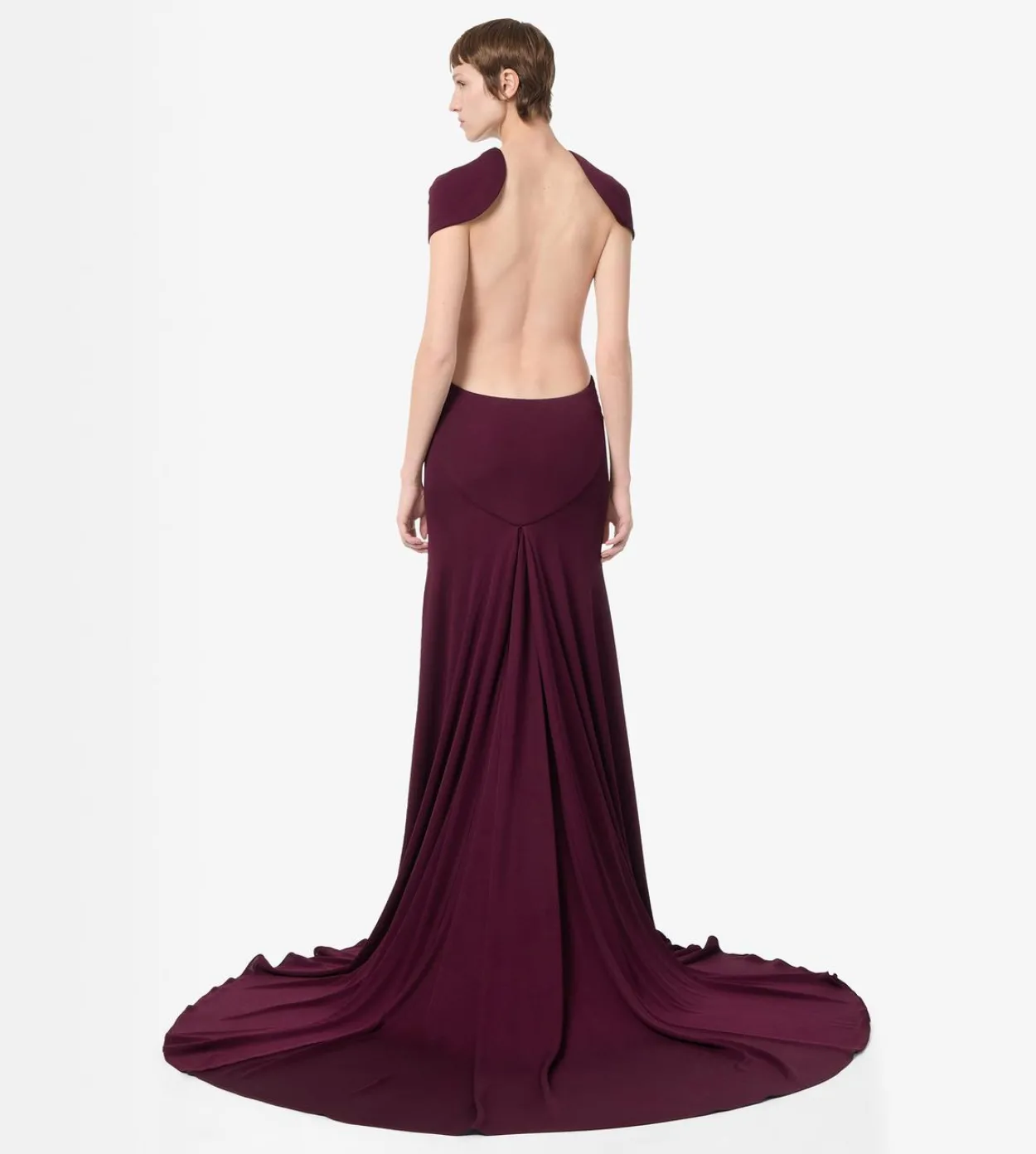 IMPOSSIBLE BACKLESS CAP SLEEVE EVENING DRESS WITH TRAIN