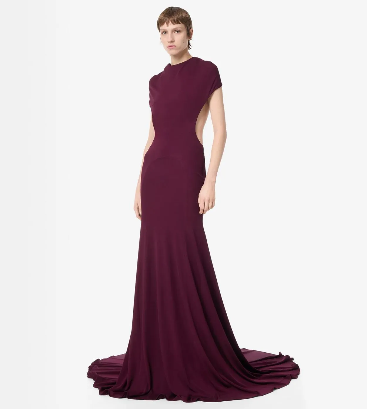 IMPOSSIBLE BACKLESS CAP SLEEVE EVENING DRESS WITH TRAIN
