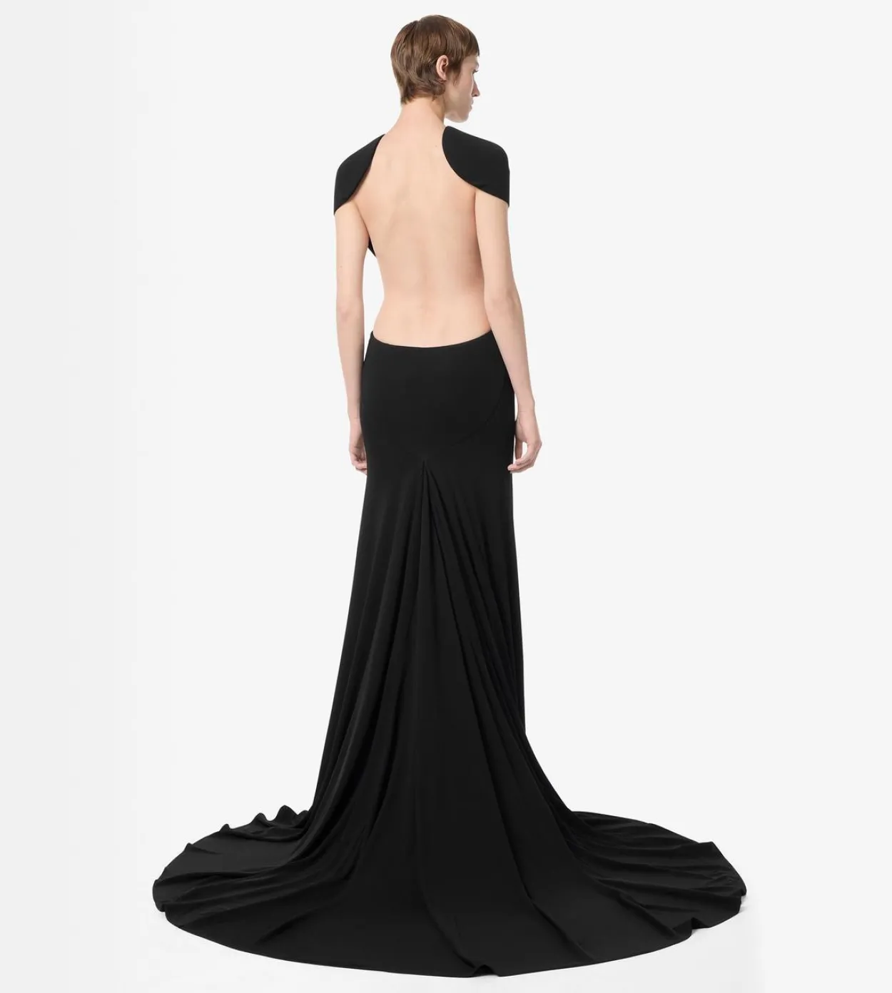IMPOSSIBLE BACKLESS CAP SLEEVE EVENING DRESS WITH TRAIN