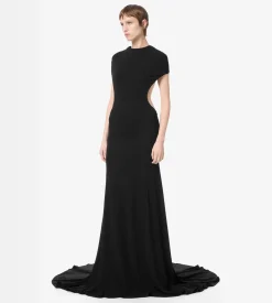 IMPOSSIBLE BACKLESS CAP SLEEVE EVENING DRESS WITH TRAIN