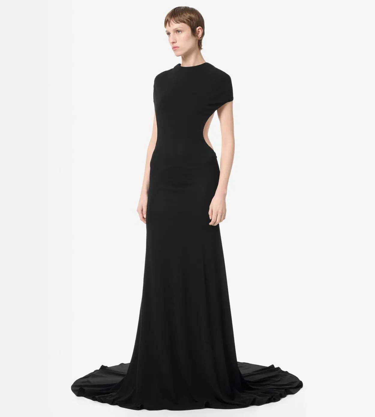 IMPOSSIBLE BACKLESS CAP SLEEVE EVENING DRESS WITH TRAIN