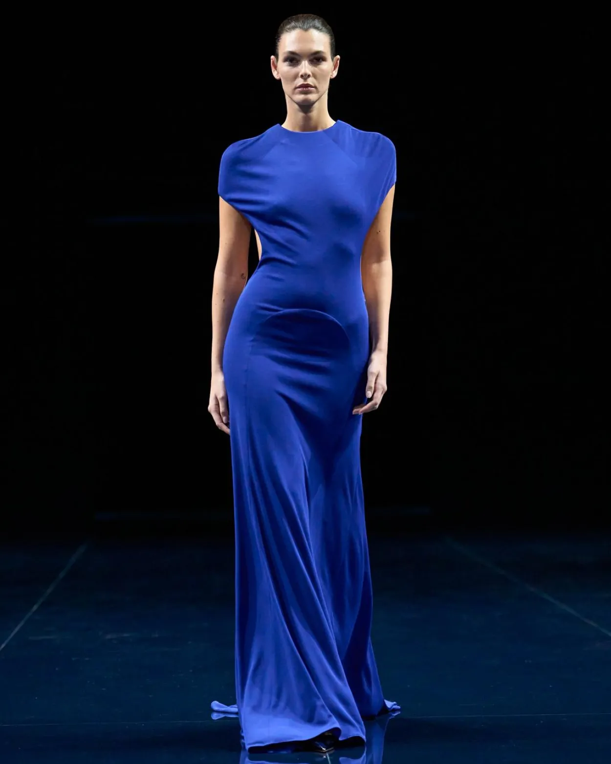 IMPOSSIBLE BACKLESS CAP SLEEVE EVENING DRESS WITH TRAIN