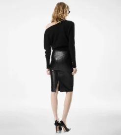 KNEE-LENGTH DIAGONAL ZIP LEATHER SKIRT