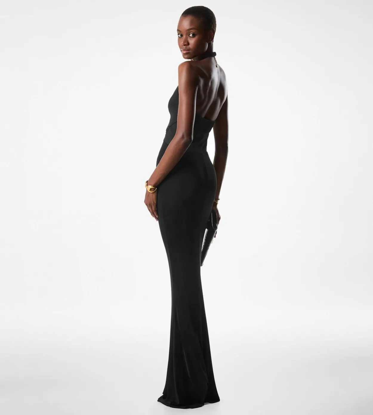 KNITTED STRETCH JERSEY CRISS-CROSS EVENING DRESS
