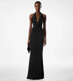 KNITTED STRETCH JERSEY CRISS-CROSS EVENING DRESS
