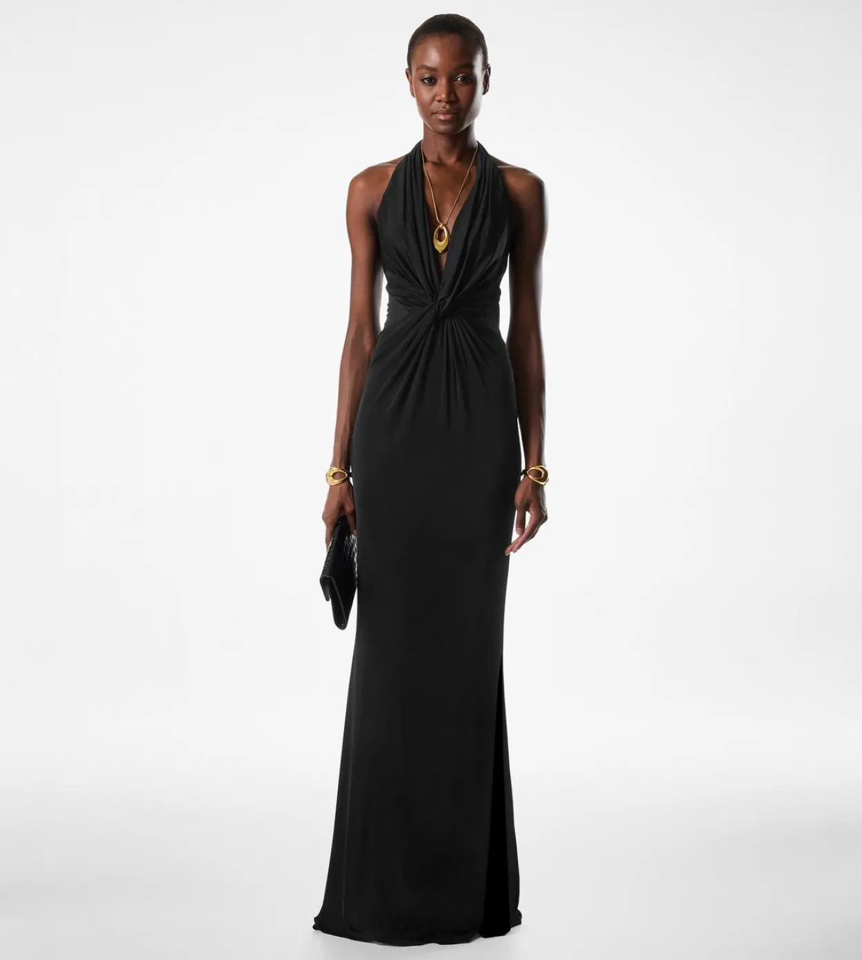 KNITTED STRETCH JERSEY CRISS-CROSS EVENING DRESS