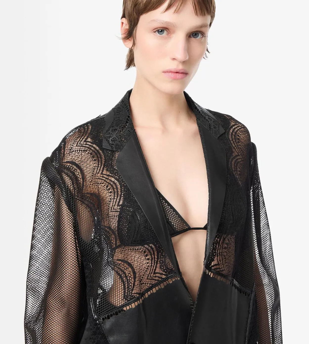 LEATHER AND LACE SINGLE BREASTED NOTCH LAPEL JACKET