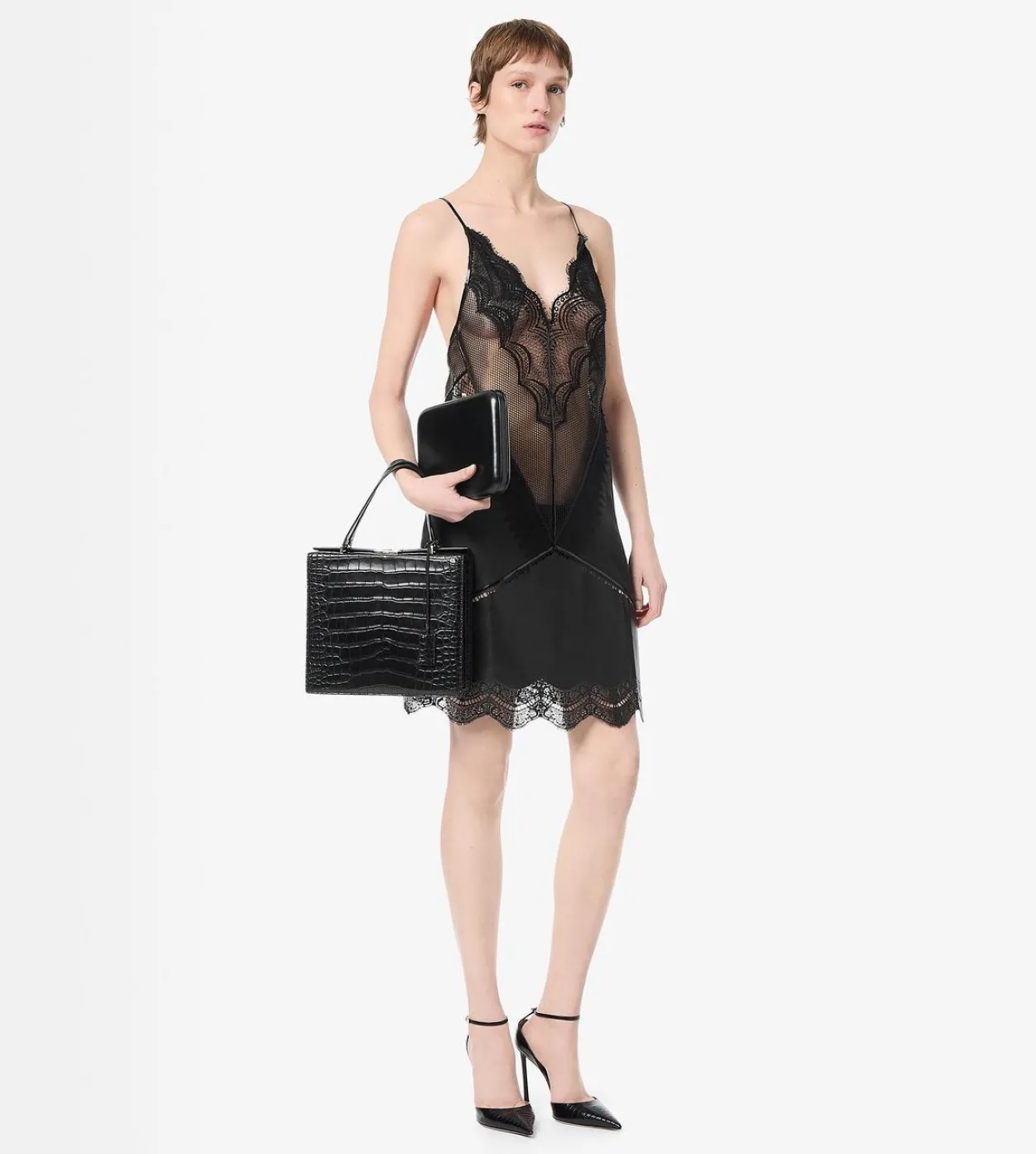 LEATHER AND LACE SLIP DRESS
