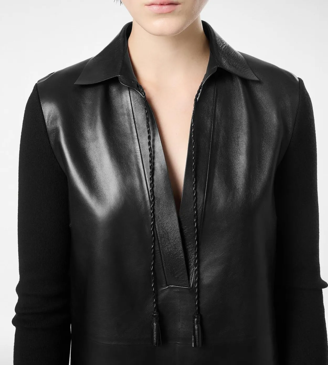 LEATHER AND WOOL BLEND KNIT POLO MINI DRESS
