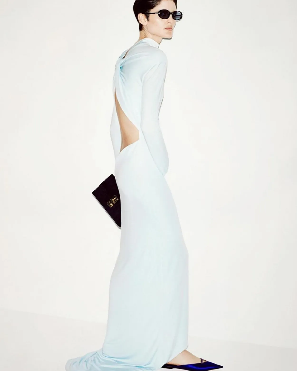 LONG SLEEVE ASYMMETRIC EVENING DRESS WITH TWISTED BACK