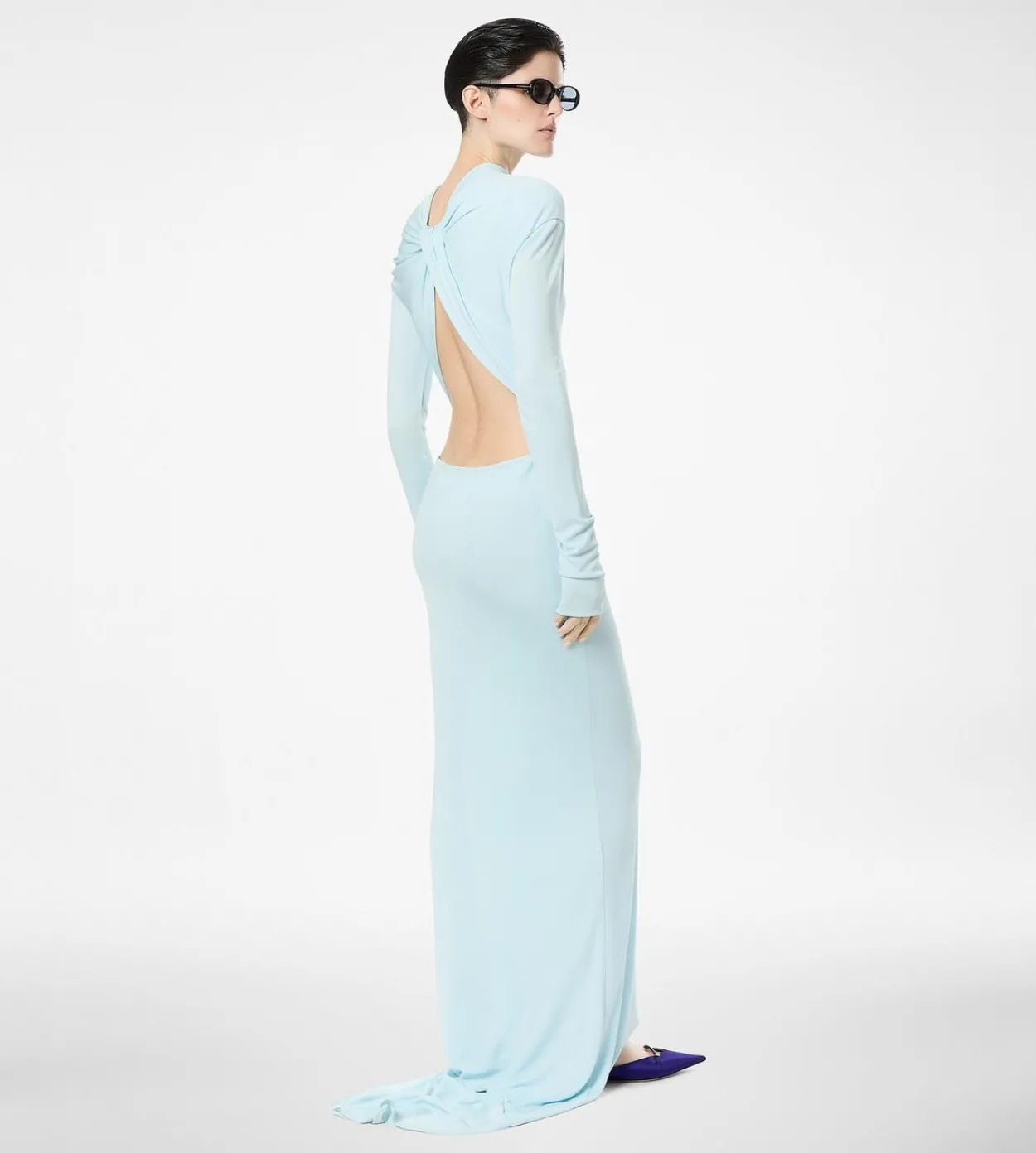 LONG SLEEVE ASYMMETRIC EVENING DRESS WITH TWISTED BACK