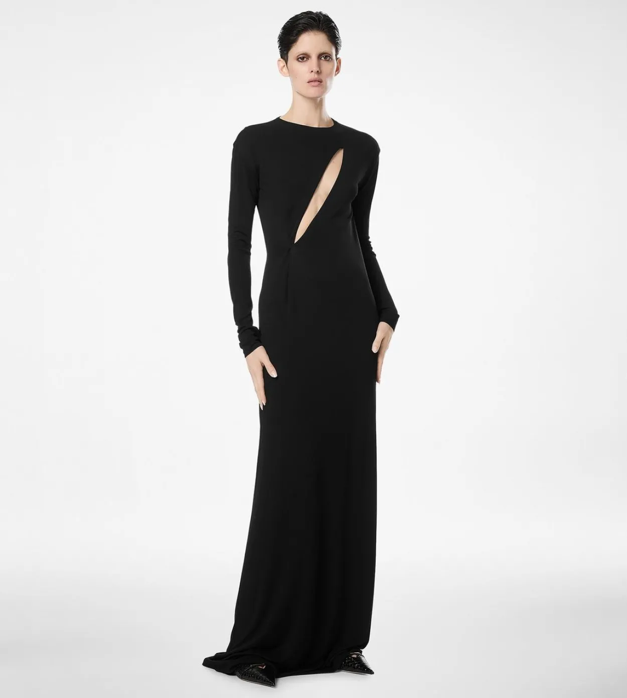LONG SLEEVE SLASH FRONT EVENING DRESS