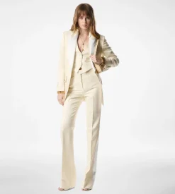 LUSTROUS BARATHEA SILK WOOL TAILORED TUXEDO WIDE LEG PANTS