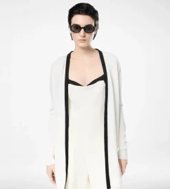 MERINO PIQUE MID-LENGTH OPEN CARDIGAN WITH SATIN TRIMS
