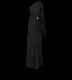 ONE SHOULDER EVENING DRESS WITH CAPE AND LIZA HARDWARE DETAIL