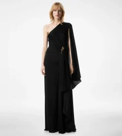 ONE SHOULDER EVENING DRESS WITH CAPE AND LIZA HARDWARE DETAIL