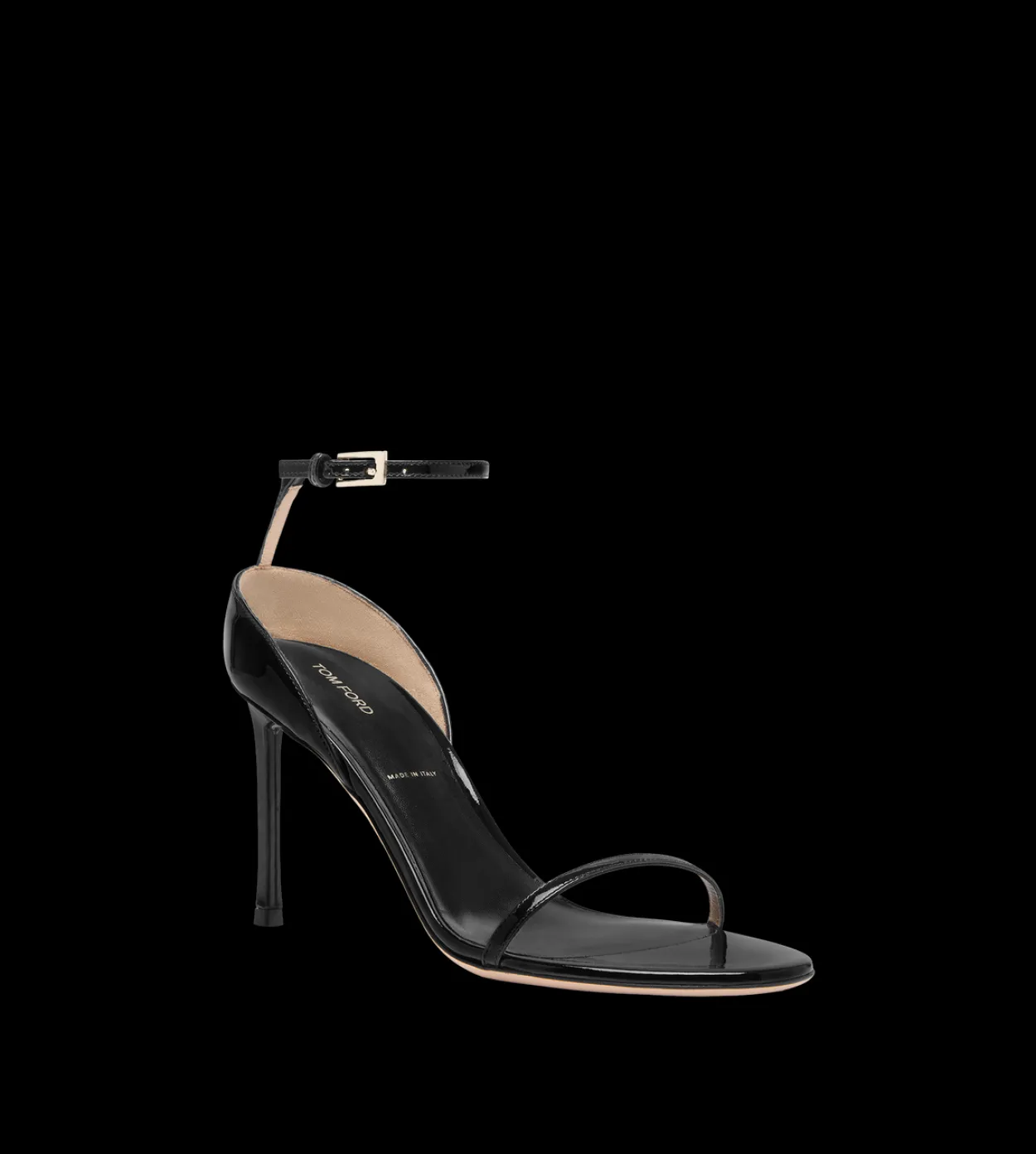 PATENT LEATHER VERTIGO ANKLE STRAP SANDAL
