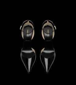 PATENT LEATHER VERTIGO ANKLE STRAP PUMP