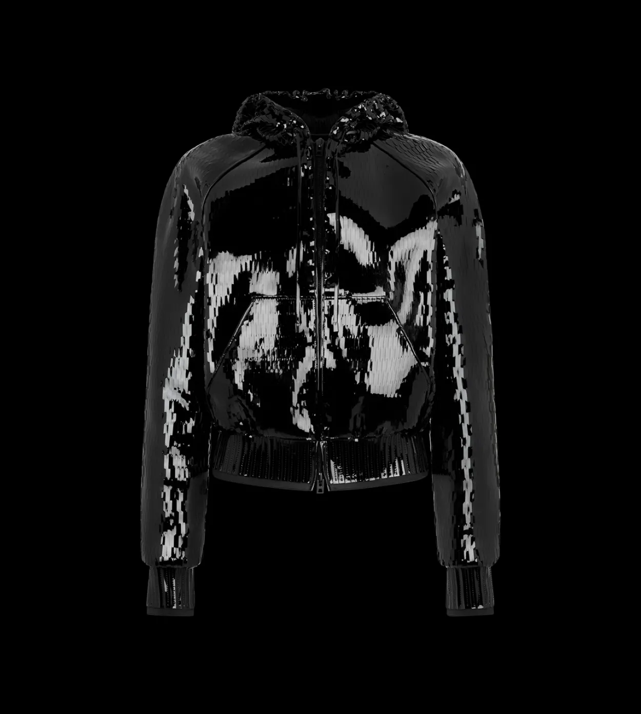PERFORATED PATENT CALF LEATHER HOODED BOMBER JACKET