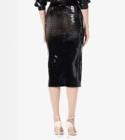 PERFORATED PATENT CALF LEATHER PENCIL SKIRT WITH SELF BELT