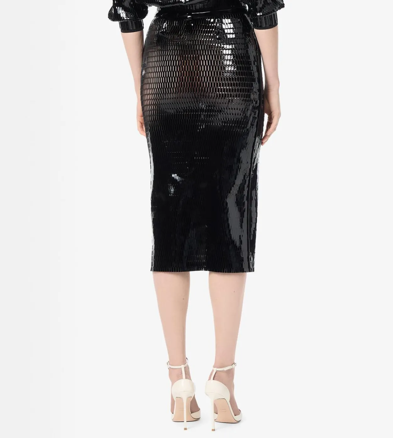 PERFORATED PATENT CALF LEATHER PENCIL SKIRT WITH SELF BELT