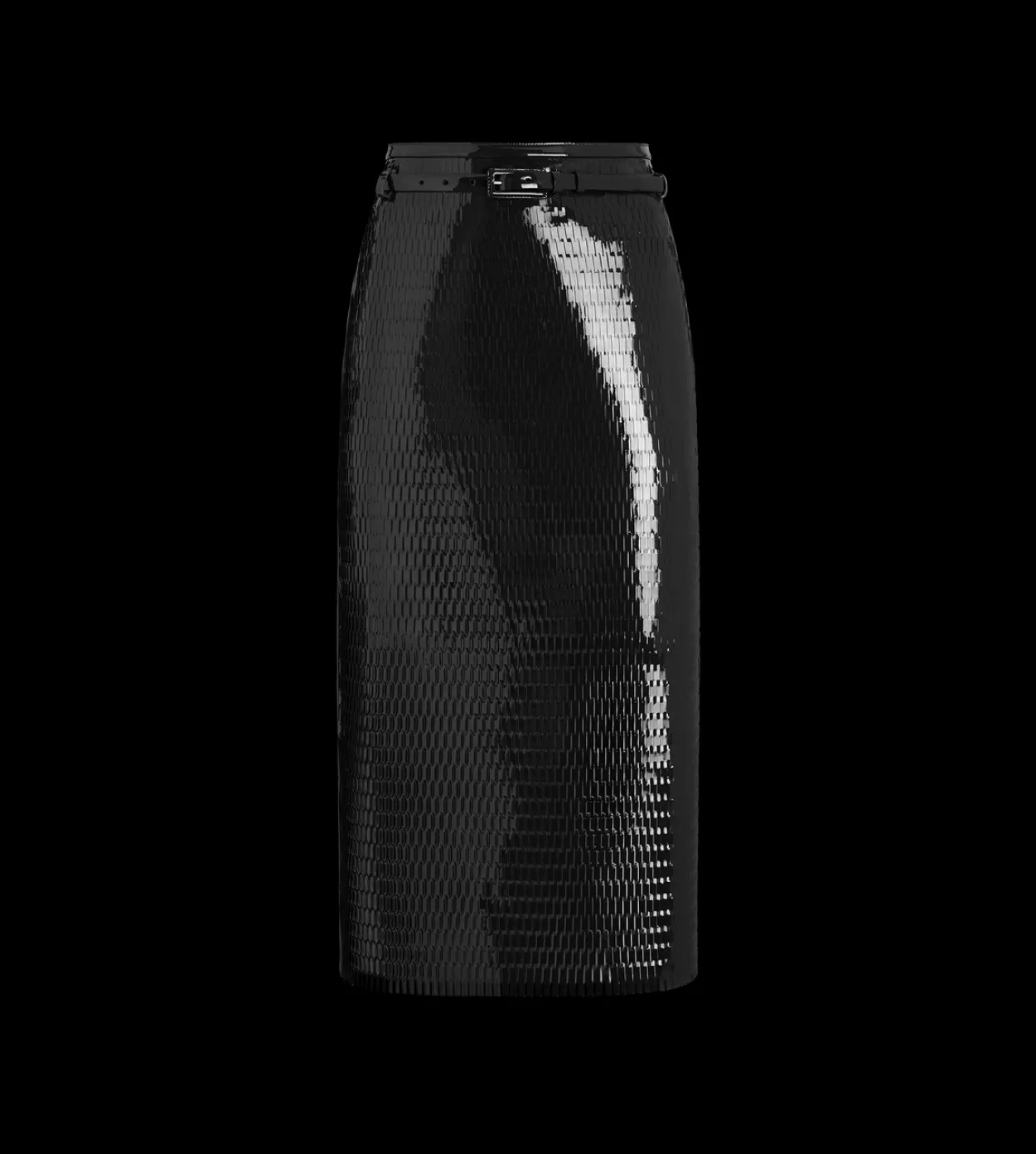 PERFORATED PATENT CALF LEATHER PENCIL SKIRT WITH SELF BELT