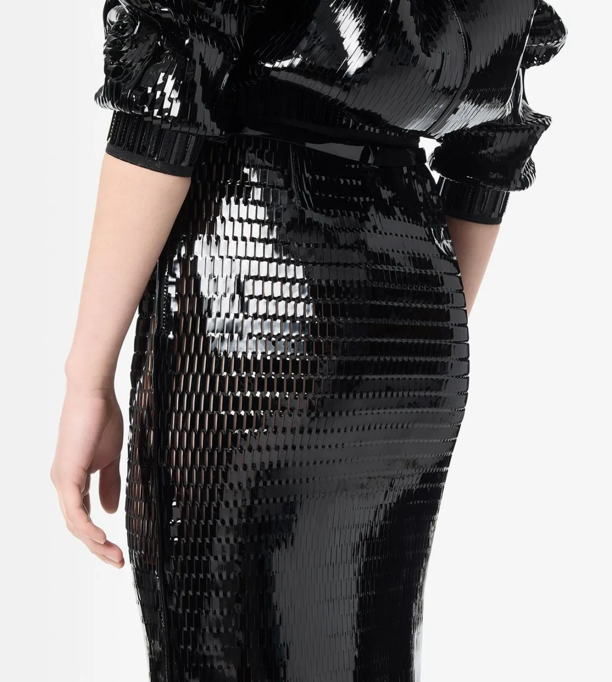 PERFORATED PATENT CALF LEATHER PENCIL SKIRT WITH SELF BELT