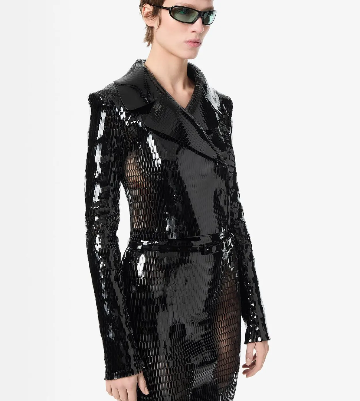 PERFORATED PATENT CALF LEATHER DOUBLE BREASTED JACKET