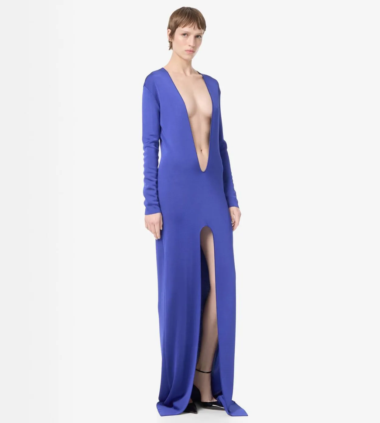 PLUNGE NECK FINE KNIT EVENING DRESS WITH HIGH FRONT