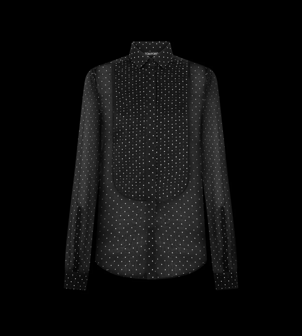 POLKA DOT SILK CHIFFON TUXEDO SHIRT WITH PLEATED PLASTRON