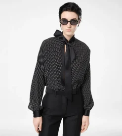 POLKA DOT SILK CREPE DE CHINE LAVALLIERE TUNIC TOP WITH TUXEDO DETAILS
